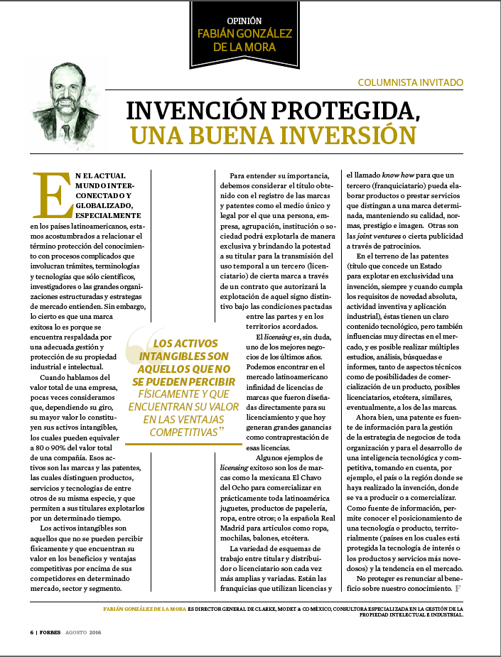 Fabian Gonzalez, General Manager of Clarke, Modet & Cº Mexico, a guest columnist of Forbes Central America Magazine